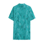 Turquoise Argyle Pattern Print Cotton Hawaiian Shirt