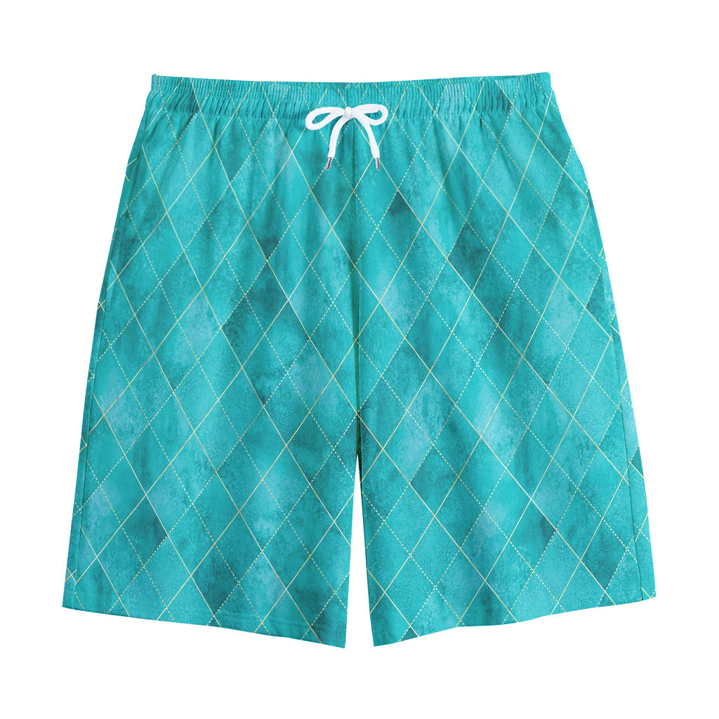 Turquoise Argyle Pattern Print Cotton Shorts