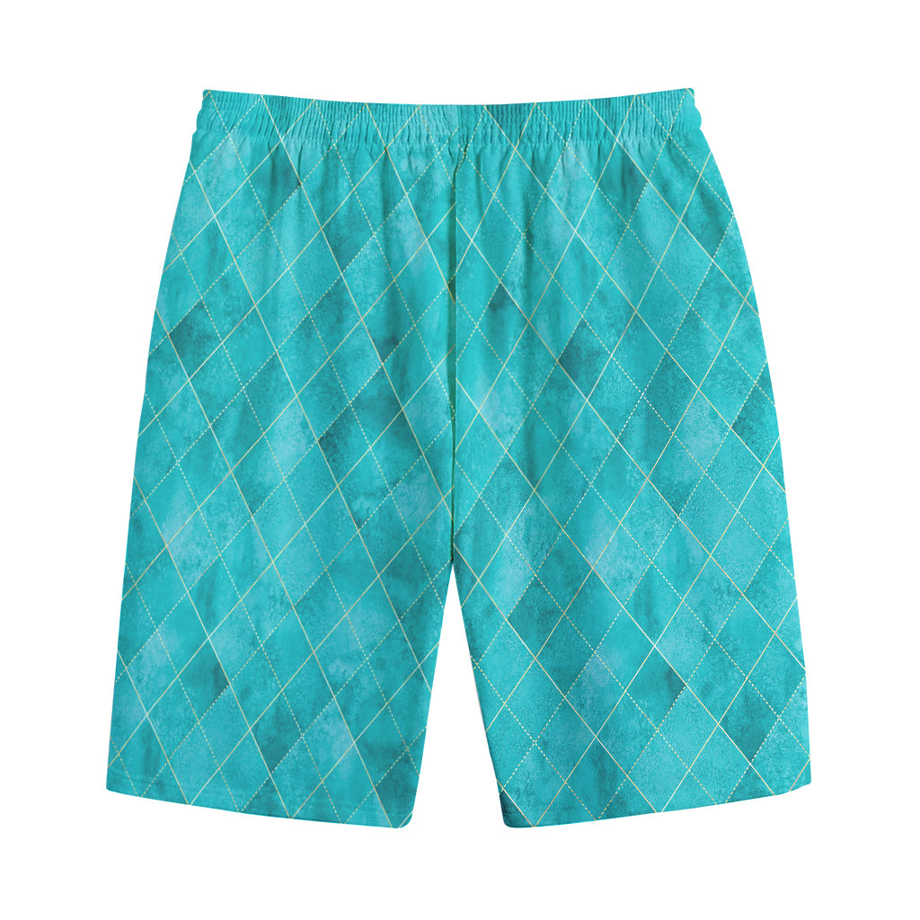 Turquoise Argyle Pattern Print Cotton Shorts