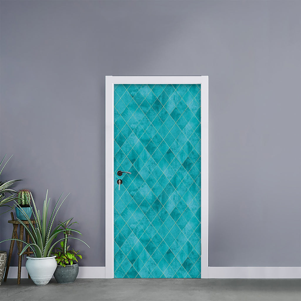 Turquoise Argyle Pattern Print Door Sticker