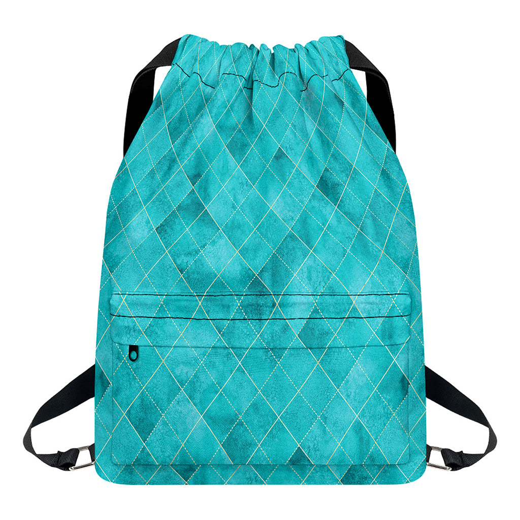 Turquoise Argyle Pattern Print Drawstring Backpack