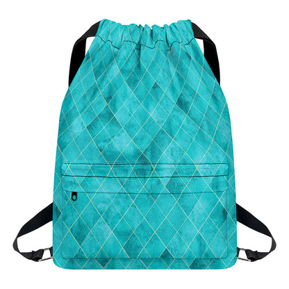 Turquoise Argyle Pattern Print Drawstring Backpack