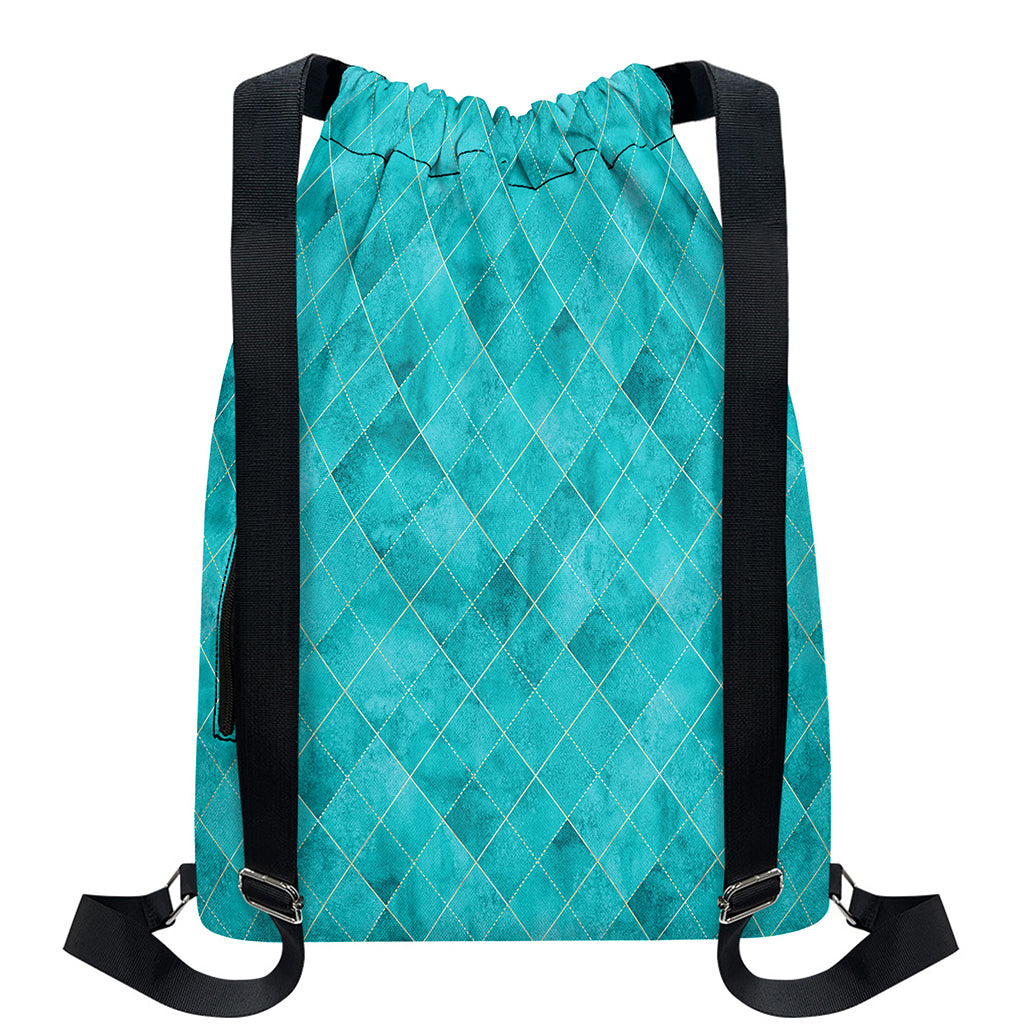 Turquoise Argyle Pattern Print Drawstring Backpack