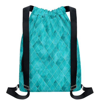 Turquoise Argyle Pattern Print Drawstring Backpack