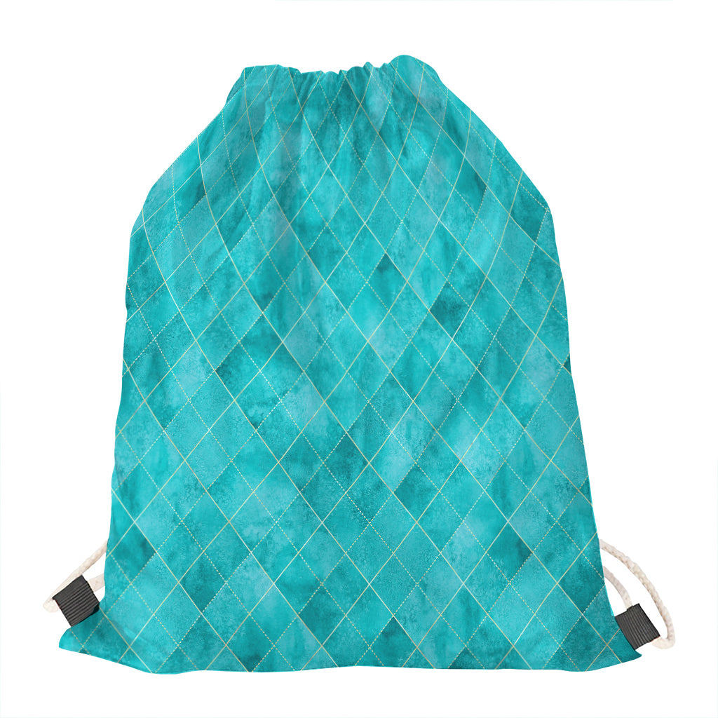 Turquoise Argyle Pattern Print Drawstring Bag