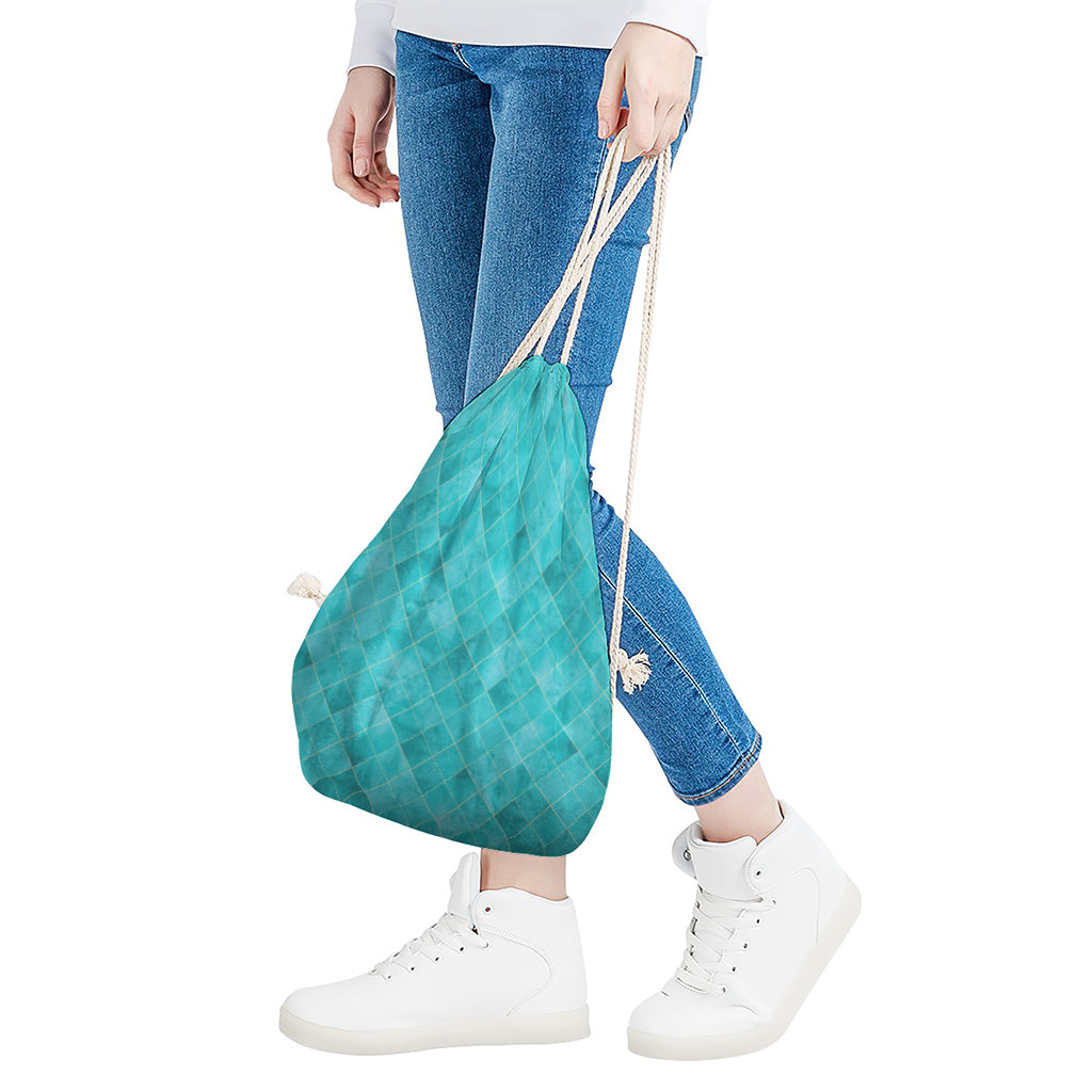 Turquoise Argyle Pattern Print Drawstring Bag