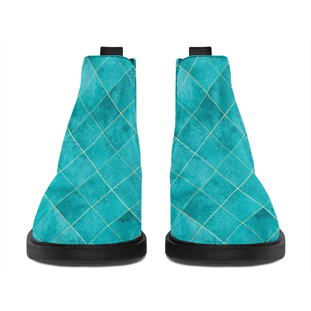 Turquoise Argyle Pattern Print Flat Ankle Boots