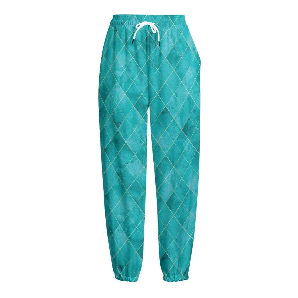 Turquoise Argyle Pattern Print Fleece Lined Knit Pants