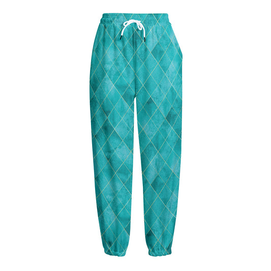 Turquoise Argyle Pattern Print Fleece Lined Knit Pants