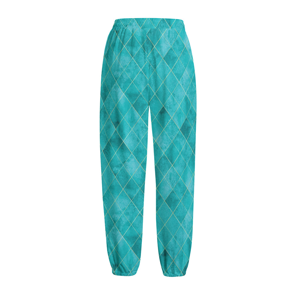 Turquoise Argyle Pattern Print Fleece Lined Knit Pants