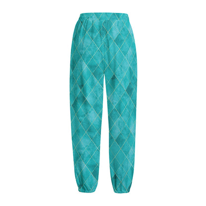 Turquoise Argyle Pattern Print Fleece Lined Knit Pants