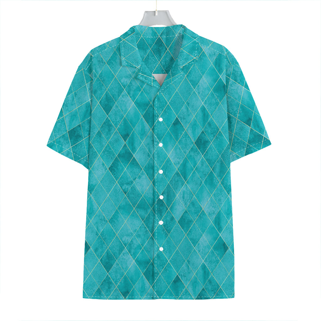 Turquoise Argyle Pattern Print Hawaiian Shirt