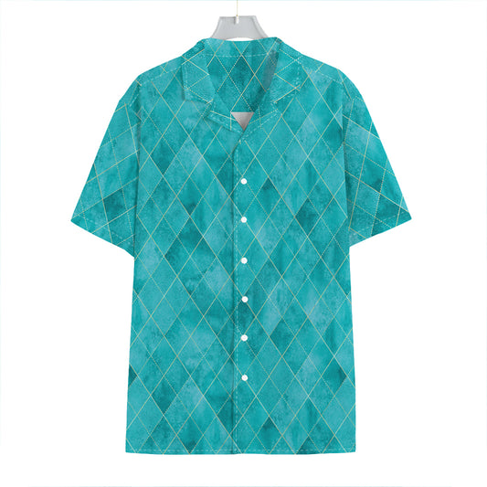Turquoise Argyle Pattern Print Hawaiian Shirt