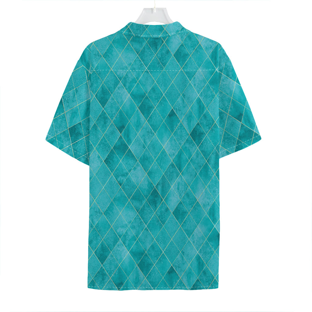 Turquoise Argyle Pattern Print Hawaiian Shirt