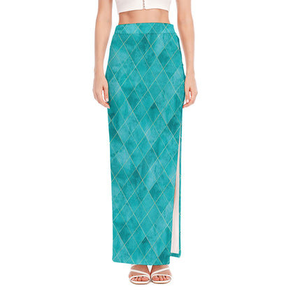Turquoise Argyle Pattern Print High Slit Maxi Skirt