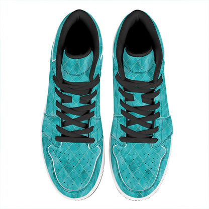 Turquoise Argyle Pattern Print High Top Leather Sneakers