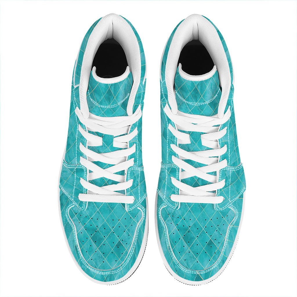 Turquoise Argyle Pattern Print High Top Leather Sneakers