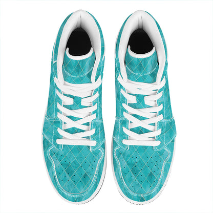 Turquoise Argyle Pattern Print High Top Leather Sneakers
