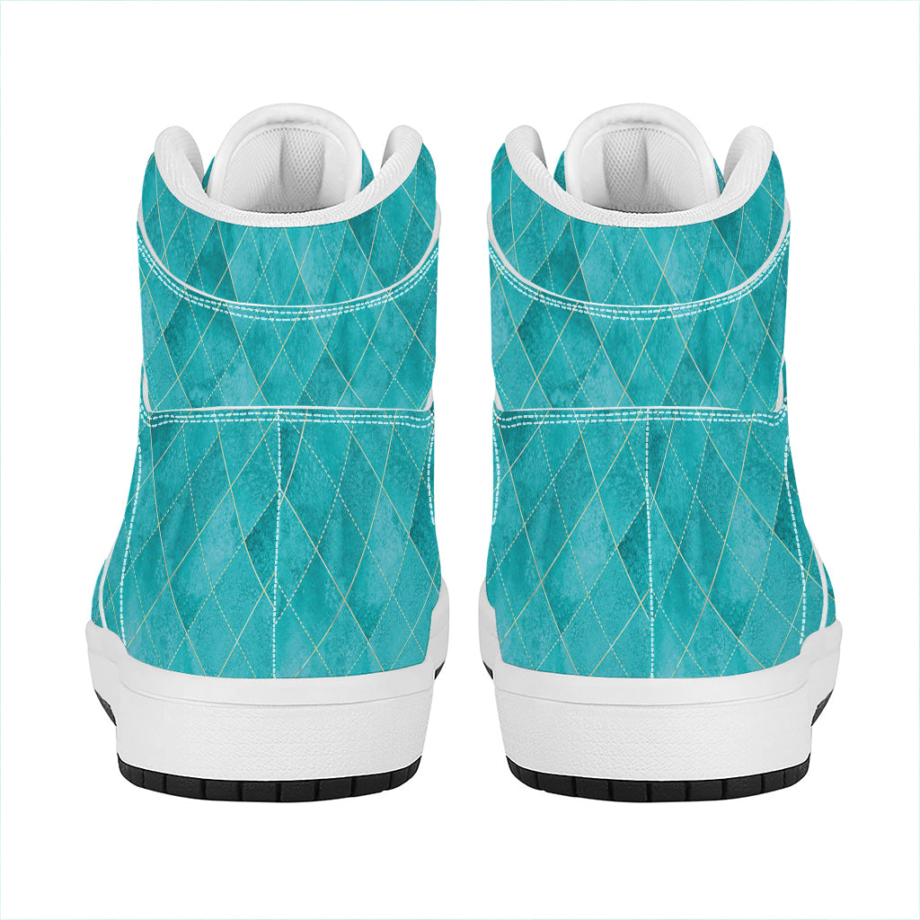 Turquoise Argyle Pattern Print High Top Leather Sneakers