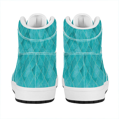 Turquoise Argyle Pattern Print High Top Leather Sneakers