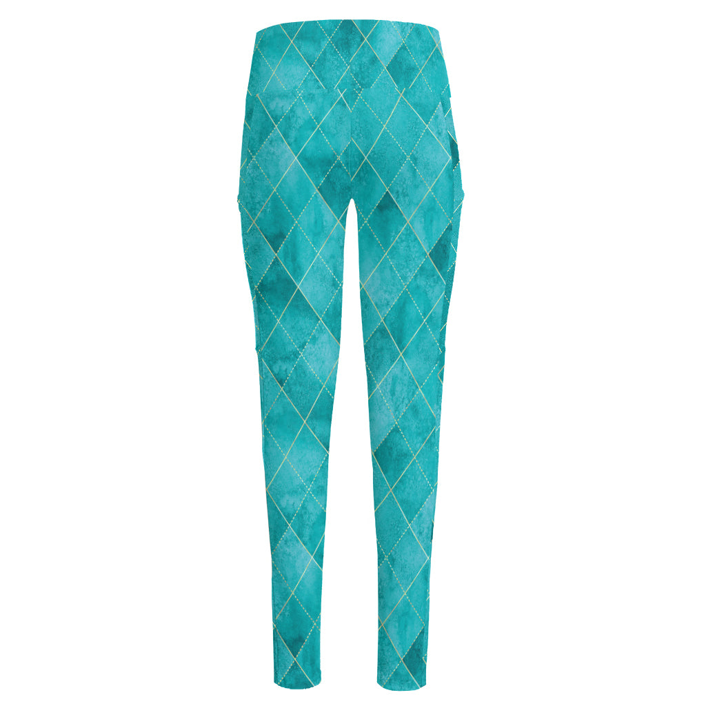 Turquoise Argyle Pattern Print High-Waisted Pocket Leggings