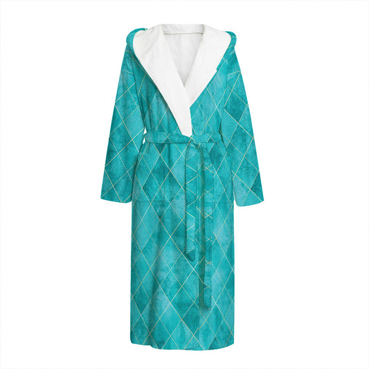 Turquoise Argyle Pattern Print Hooded Bathrobe