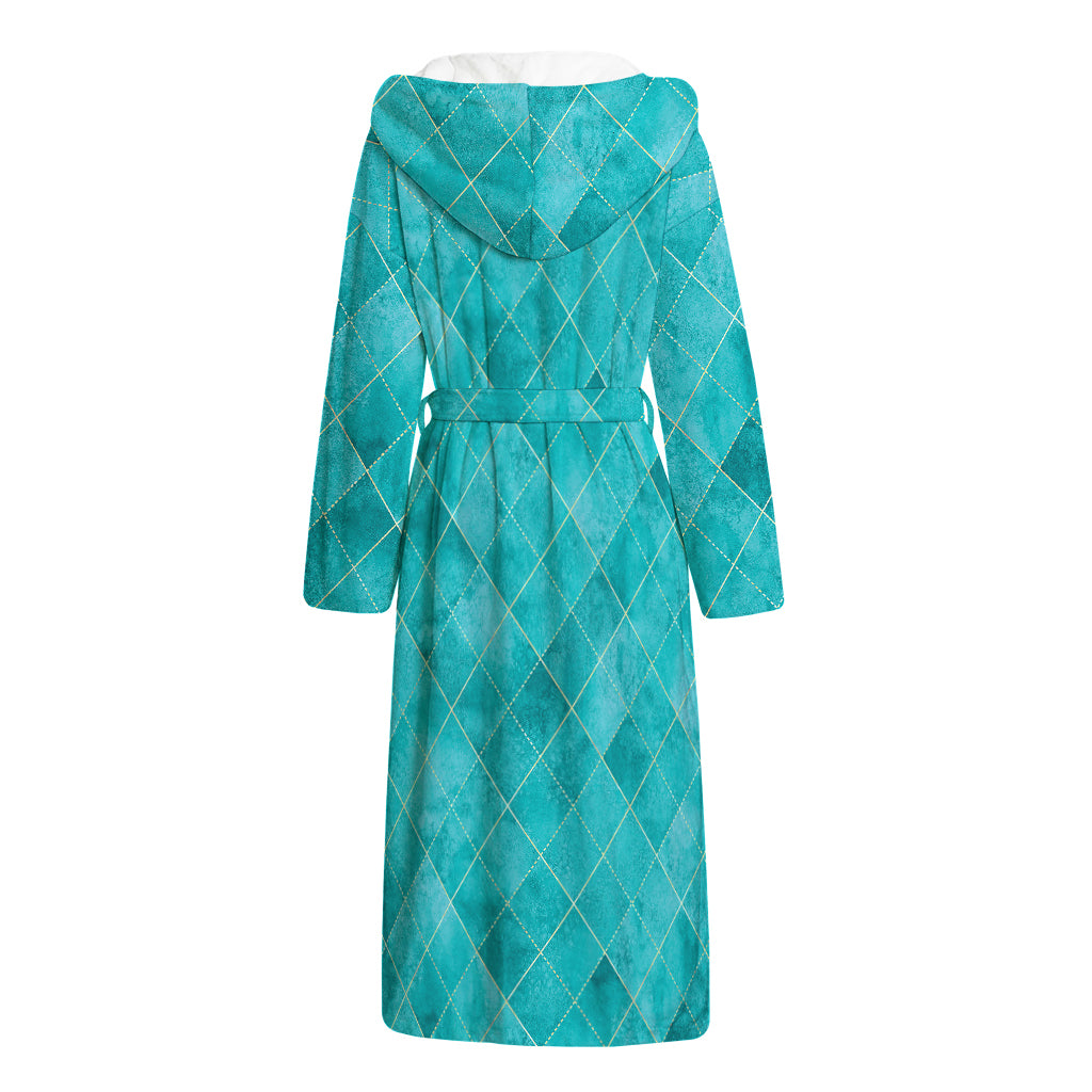 Turquoise Argyle Pattern Print Hooded Bathrobe
