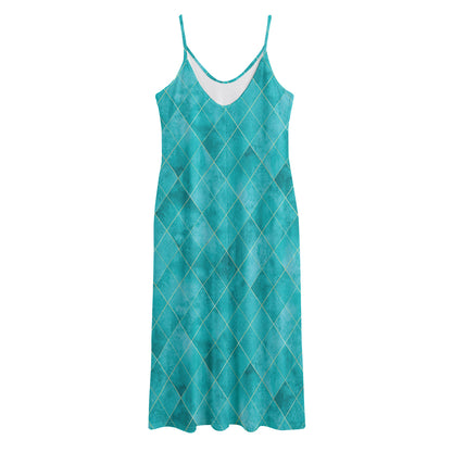 Turquoise Argyle Pattern Print Jersey Midi Cami Dress