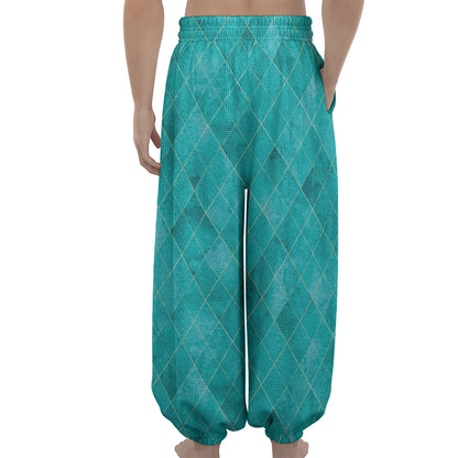 Turquoise Argyle Pattern Print Lantern Pants