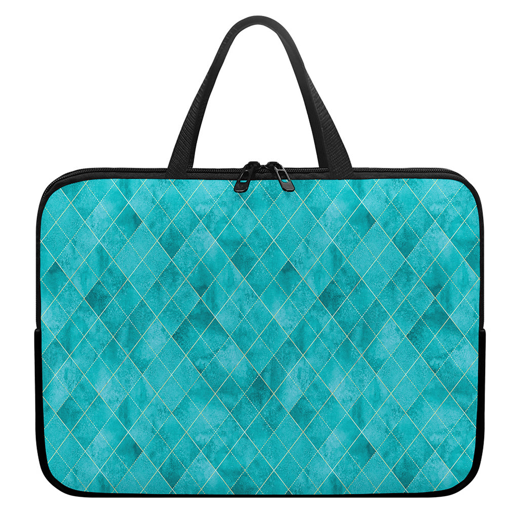 Turquoise Argyle Pattern Print Laptop Sleeve With Handle