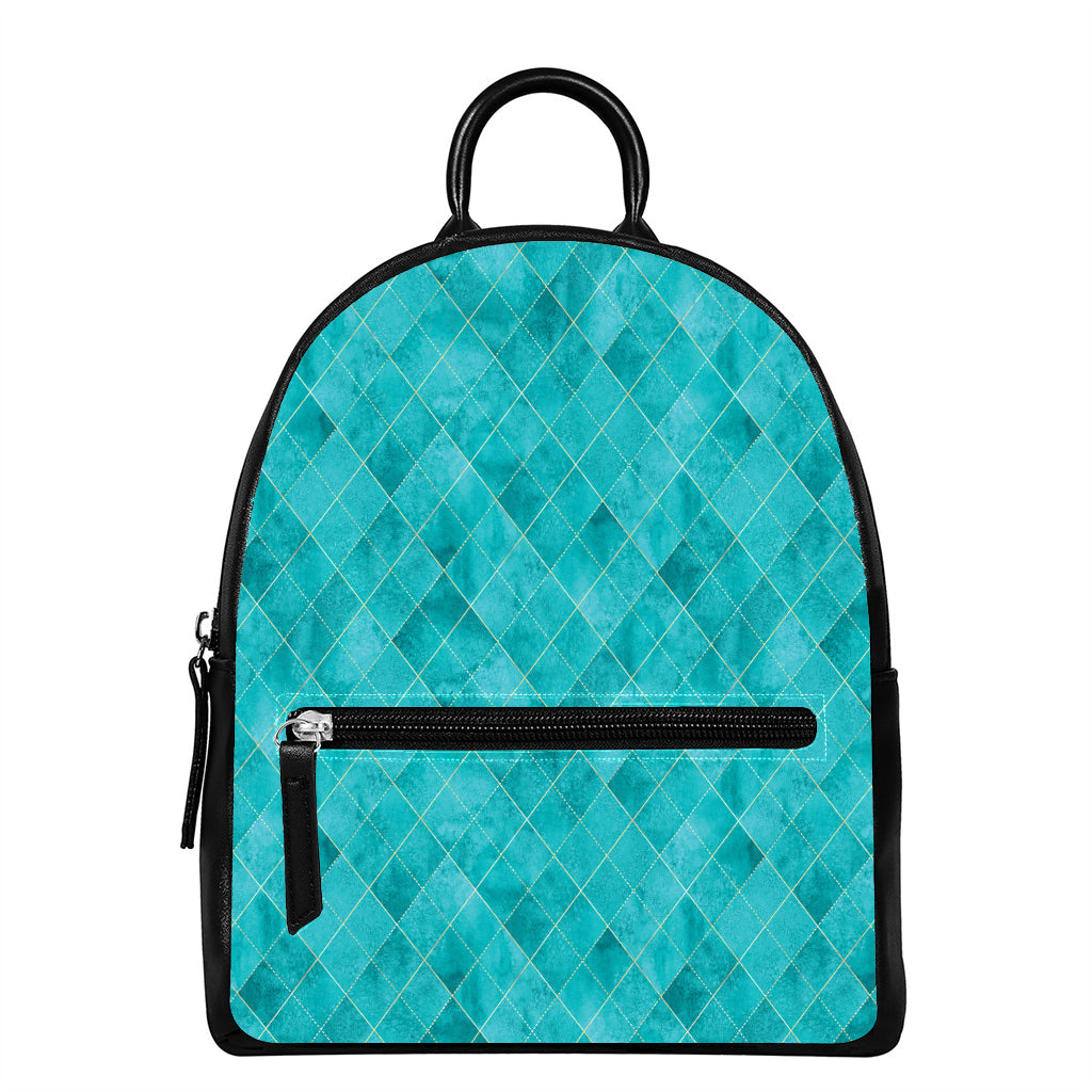 Turquoise Argyle Pattern Print Leather Backpack