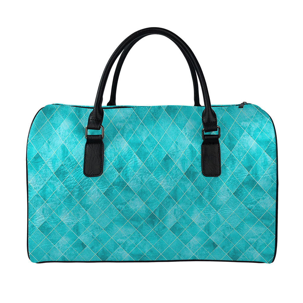Turquoise Argyle Pattern Print Leather Duffle Bag