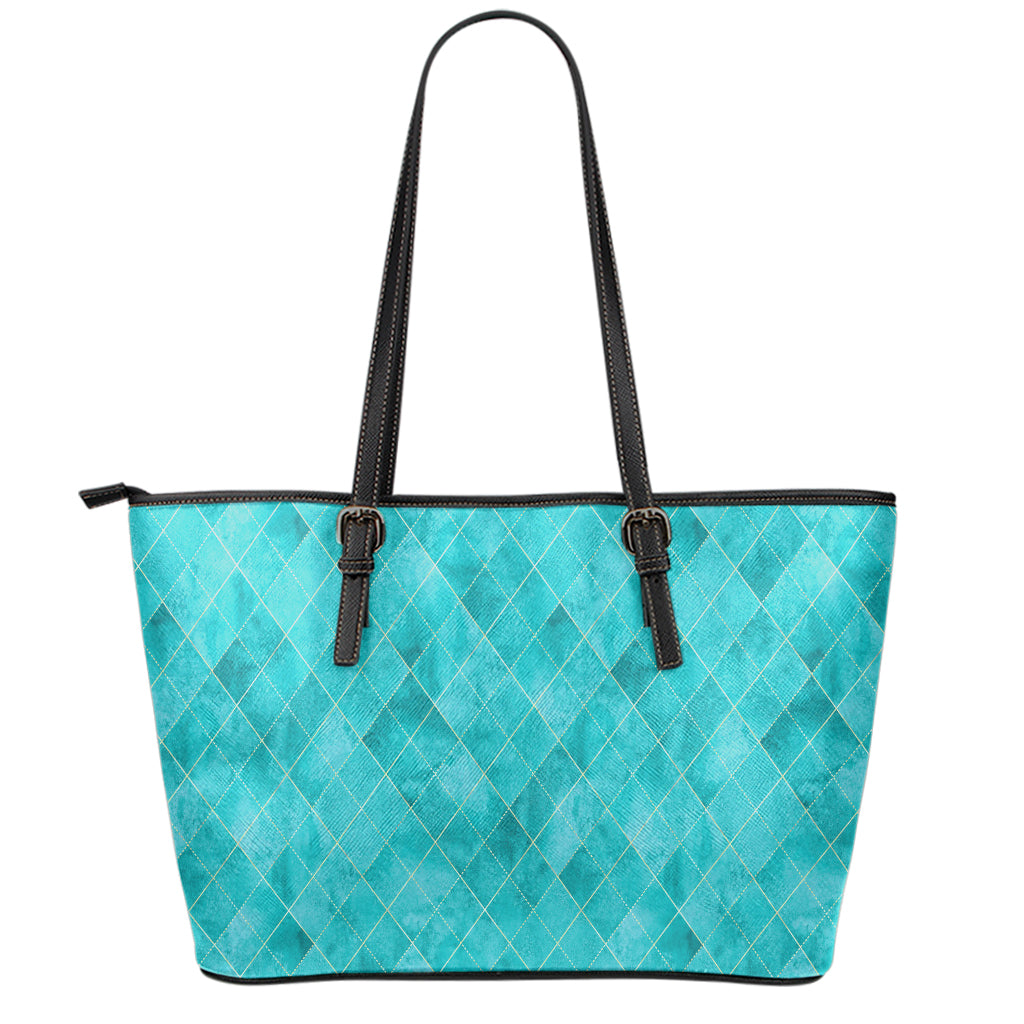 Turquoise Argyle Pattern Print Leather Tote Bag