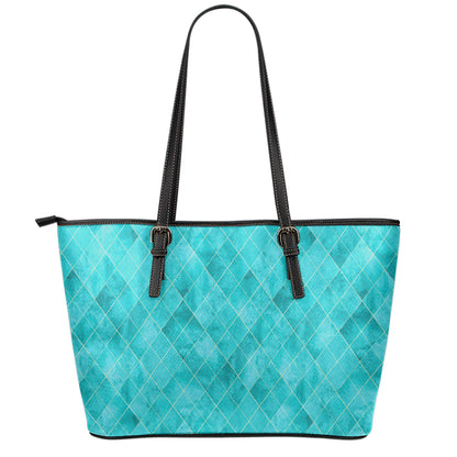 Turquoise Argyle Pattern Print Leather Tote Bag