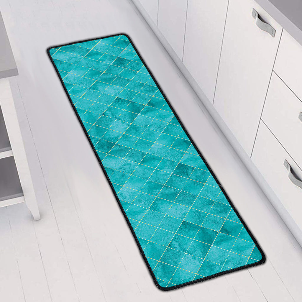 Turquoise Argyle Pattern Print Long Kitchen Mat