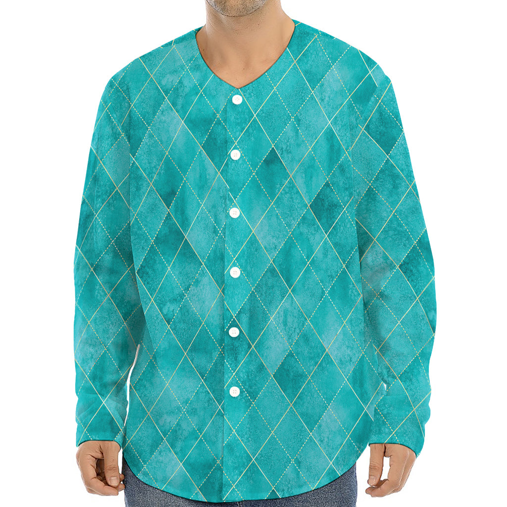 Turquoise Argyle Pattern Print Long Sleeve Baseball Jersey