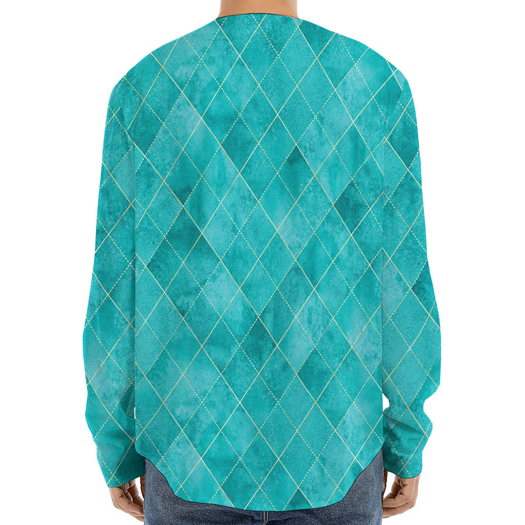 Turquoise Argyle Pattern Print Long Sleeve Baseball Jersey