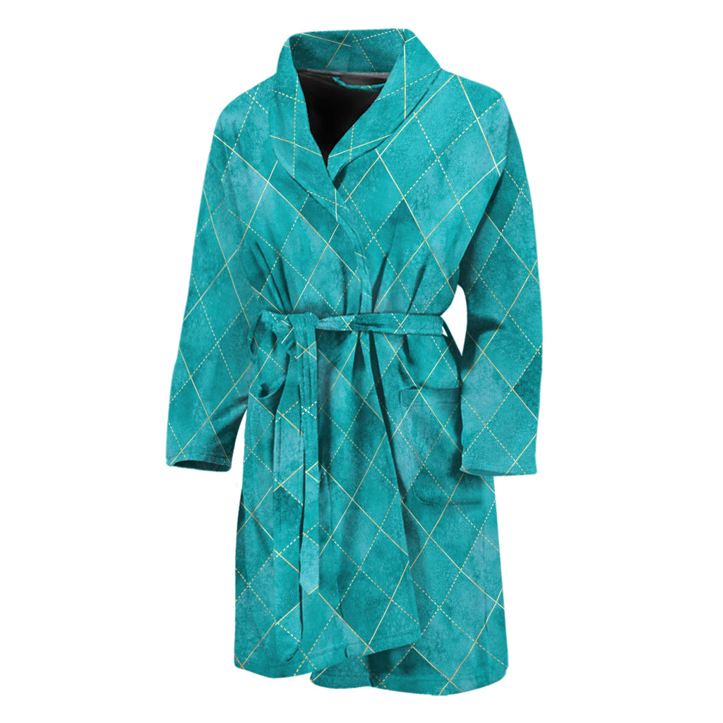 Turquoise Argyle Pattern Print Men's Bathrobe