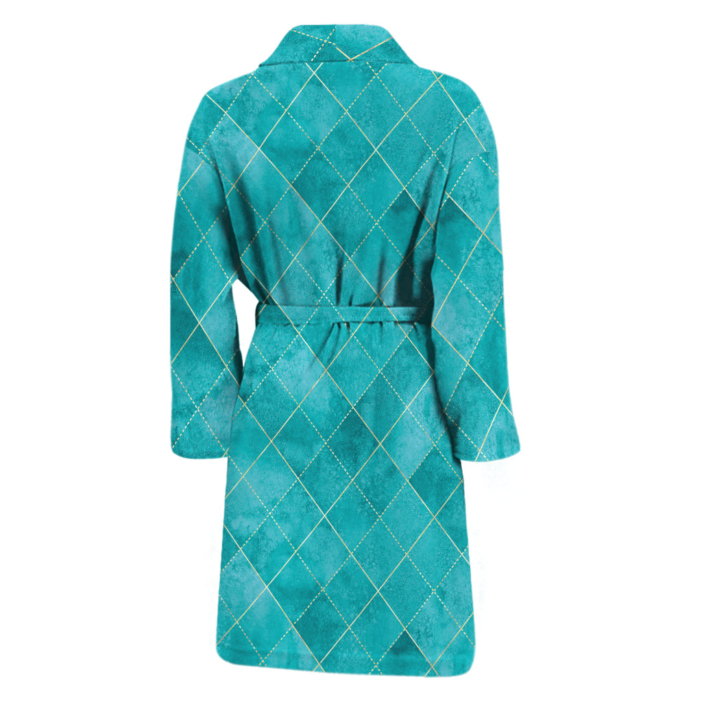 Turquoise Argyle Pattern Print Men's Bathrobe