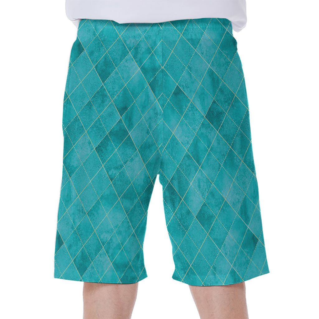 Turquoise Argyle Pattern Print Men's Beach Shorts