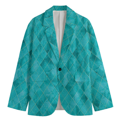 Turquoise Argyle Pattern Print Men's Blazer
