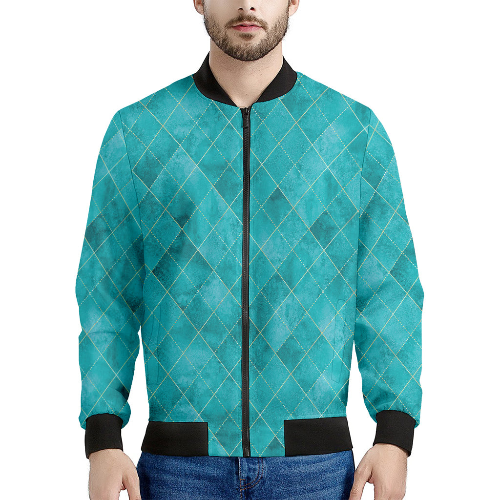 Turquoise Argyle Pattern Print Men's Bomber Jacket