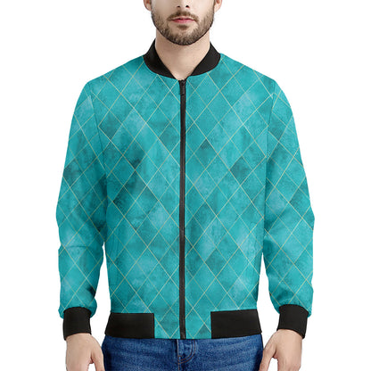 Turquoise Argyle Pattern Print Men's Bomber Jacket