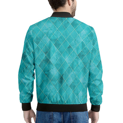 Turquoise Argyle Pattern Print Men's Bomber Jacket