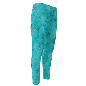 Turquoise Argyle Pattern Print Men's Compression Pants