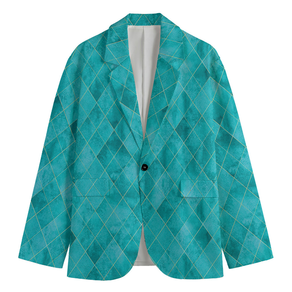 Turquoise Argyle Pattern Print Men's Cotton Blazer