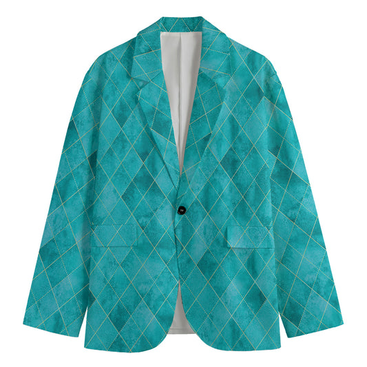 Turquoise Argyle Pattern Print Men's Cotton Blazer
