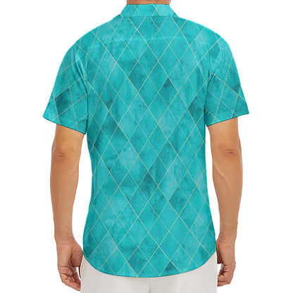 Turquoise Argyle Pattern Print Men's Deep V-Neck Shirt