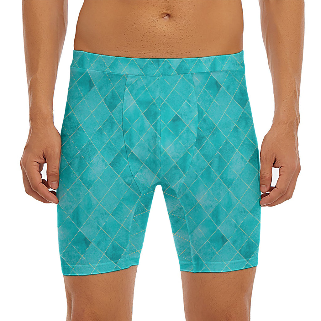 Turquoise Argyle Pattern Print Men's Long Boxer Briefs