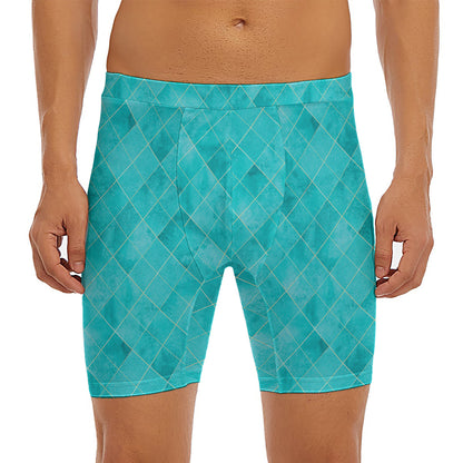 Turquoise Argyle Pattern Print Men's Long Boxer Briefs